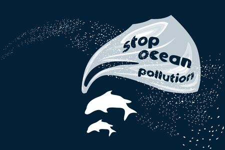 Rubbish Trash bag as speech bubble balloon. Dolphins ask to save ocean from plastic pollution. Request for help from the underwater world - Environment protection concept. Marine life give SOS signalのイラスト素材