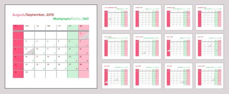 Islamic and Gregorian Monthly Calendar.  Hijri 1441 starts Muharram and Christian starts September 2019 to August 2020. Set of 12 Months. Lunar Cycle Vector. Week starts Sunday. Muslim holidays markedのイラスト素材