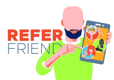 Refer a friend - referral program concept. Bearded bald man holding smartphone and shows to his friends people as avatar. Character invites acquaintances to marketing promotion, sharing refer codeのイラスト素材
