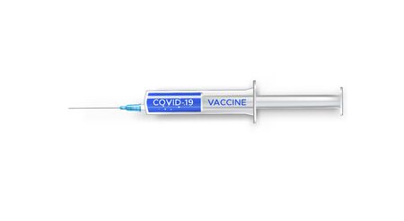Syringe with bright colored liquid and the inscription Covid-19 vaccine.Scientific fight against the virus diesease through serum vaccination. Medic and sientist victory over the new coronavirusのイラスト素材