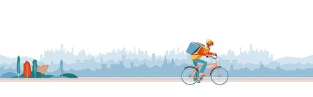 Delivery Boy worker of fast delivery service. Bicycle courier, Express Online ordering mobile app. Man on bicycle with parcel box on backpack delivers food In city. Ecological courier carrier serviceのイラスト素材