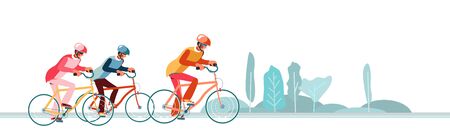 Cyclists chase the leader of race. Head of peloton vector illustration. Cycling in nature or city.Three cyclists going away from pursuers. Group of bikers at professional race for bike rally eventのイラスト素材