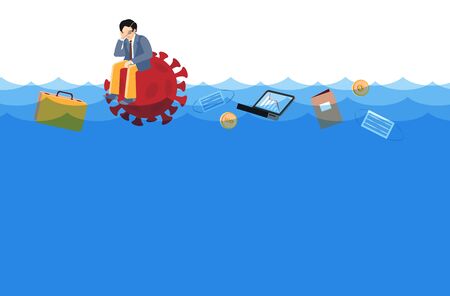 Unhappy manager sails on virus symbol in deep water. Businessman in stress. Business drowning, ask to help, support at crisis. Cartoon concept problem bankruptcy, pandemic effect.Global finance riskのイラスト素材