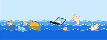 Global finance crisis drowns unfortunate manager. Businessman drowning, ask to help,hopes to support. Cartoon concept problem bankruptcy, risk debt protection, investment survival, insurance businessのイラスト素材