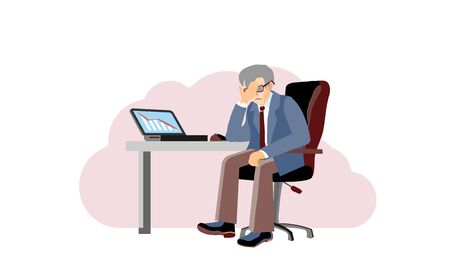 Economic crisis, professional bankruptcy.Old businessman closes his face by hands. Worried and stress in pay. Depression frustrated person have financial problem. Risky business ruins. Cartoon vectorのイラスト素材