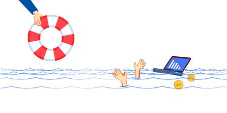 Global finance crisis drowns unfortunate manager. Businessman drowning,ask to help, hopes to...