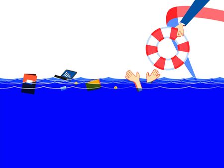Global finance crisis drowns unfortunate manager. Businessman drowning,ask to help, hopes to support. Cartoon concept problem bankruptcy, risk debt protection, investment survival, insurance businessのイラスト素材