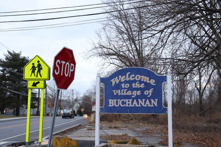 Wyoming road sign with pedestrian crossing.の写真素材