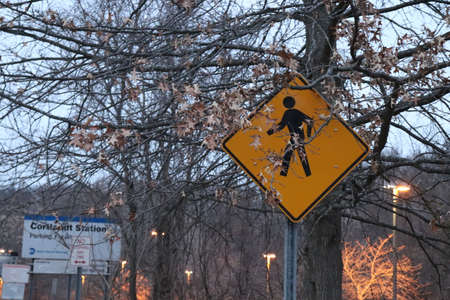 Traffic sign for pedestrians and cyclists on the road in winter.の写真素材