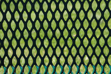 Green metal fence with holes in the form of a lattice.の写真素材