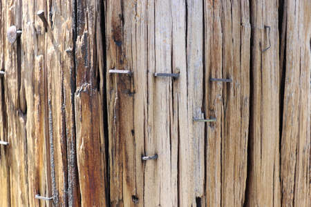 Old wooden wall with nails, close-up. Abstract background.の写真素材