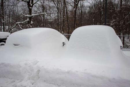 Snow covered cars in the city park. Winter in the city.の写真素材