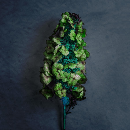 Green leaf on a dark background. Flat lay, top view.