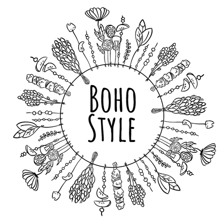 Boho style wreath frame black and white ornamentのイラスト素材
