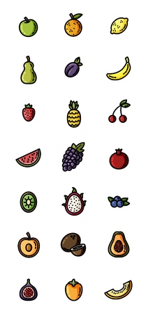 Fruit flat design vector colorful icon set. Collection of isolated fruits symbols