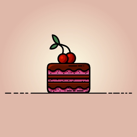 Delicious chocolate cake with a cherry on top flat illustrationのイラスト素材