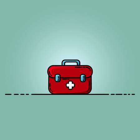 First aid kit box flat illustration. Medicine chest with white cross.のイラスト素材
