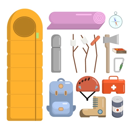 Flat style camping icons set. Isolated on white backgroundのイラスト素材