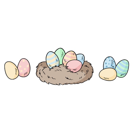 Easter eggs in bird's nest colorful sticker doodleのイラスト素材