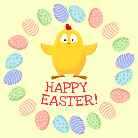 Happy Easter. Cute little yellow chicken in a wreath of easter eggsのイラスト素材