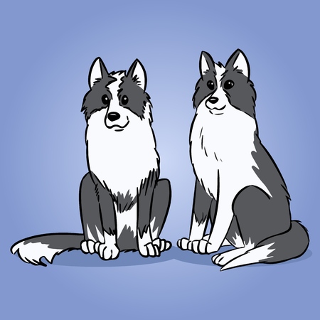 Two Siberian Husky or Laika Dogs. Cute dogs illustration. Domestic animal or pet with black and white coat in cartoon styleのイラスト素材