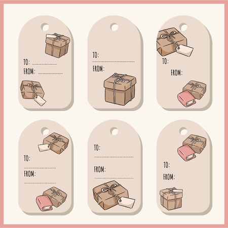 Set with hand drawn gift boxes doodles gift tags. Vector labels collectionのイラスト素材