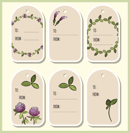 Red clover flowers and leaves gift tags. Vector labels collectionのイラスト素材