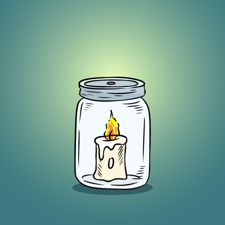 Candle in the jar. Candle light inside the bottle. Vector illustrationのイラスト素材