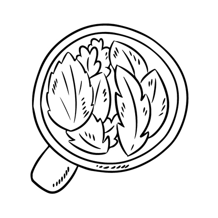 Cup of herbal tea. Hand drawn cartoon style tea leaves drink. Cute doodle sketchのイラスト素材