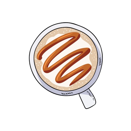 Tasty cappuccino coffee drink with caramel cute cartoon doodleのイラスト素材