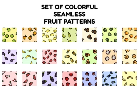 Set of colorful fruit seamless patterns. Flat design collection of texture tilesの写真素材