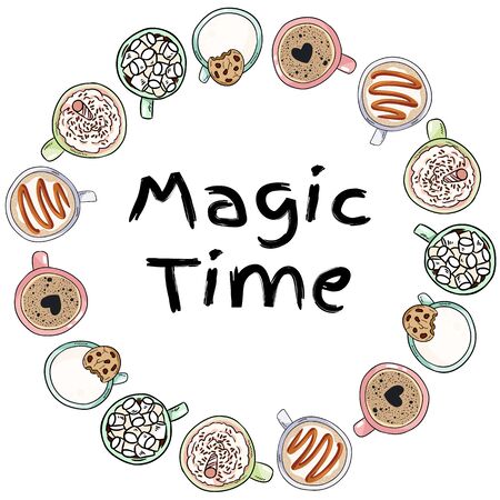 Cozy vibes decorative wreath of cups of yummy drinks. Hand drawn cartoon cute coffee and cacao cream drinks ornamentのイラスト素材