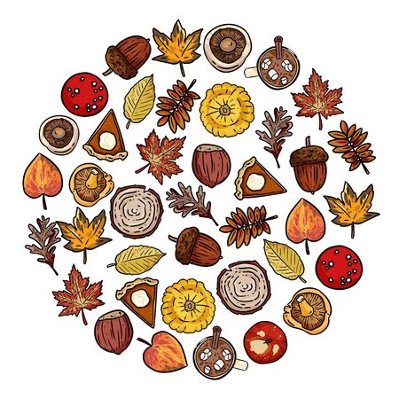 Set of cute autumn elements doodles in a wreath. Harvest festival postcardのイラスト素材