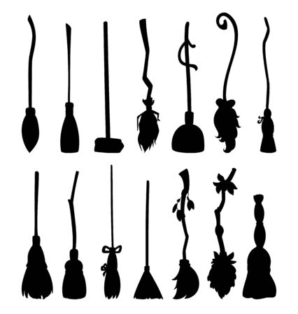 Set of cute broomstick silhouettes. Collection of Happy Halloween related icons - magic brooms. Cartoon images elements: witch or wizard old broomsのイラスト素材