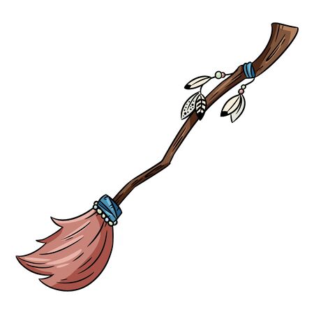 Cute broomstick doodle. Happy Halloween related icon - magic broom. Vector isolated symbol. Cartoon image element: witch or wizard flying broomのイラスト素材