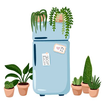 Stylish scandic living room interior -hygge retro fridge and plants. Home lagom decorations. Cozy season. Modern comfy apartment furnished in hygge styleのイラスト素材