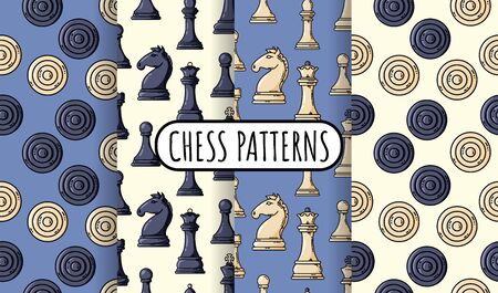 Set of vector black chess pieces seamless patterns. Collection of chess wallpapers. Vector illustrationのイラスト素材
