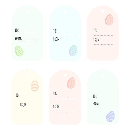 Set of Easter eggs gift tags in pastel colors. Collection of cute Ostara gift labels. Colored eggs style illustration. Decorative stationary elementsのイラスト素材