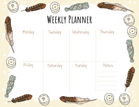 Planner boho template with candles, feathers and sage smudge sticks comic style doodles. Printable stationary mockup with wiccan witchcraft elements compositionのイラスト素材