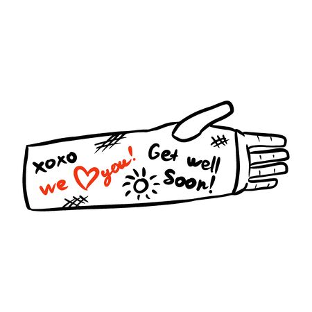 Broken arm cast doodle with positive writings from friends. Injured limb in gypsum plaster. Good get well soon wishes. Media glyph graphic iconのイラスト素材