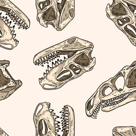 Carnivorous reptile dinosaur fossils seamless pattern. Trex fossilized skull wallpaper. Archosaurus rossicus and Prestosuchus chiniquensi vector background tileのイラスト素材