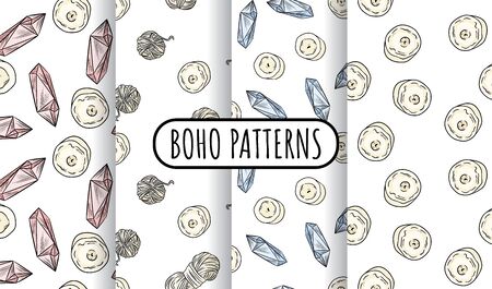 Boho set of seamless patterns. Candles, quartz crystals, yarn threads wallpaper collection. Cozy template of stock illustration for wrapping, merchandise. Background vector tileのイラスト素材