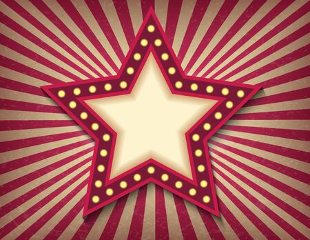 Brightly glowing star retro cinema neon sign. Circus style show banner template. Background vector posterのイラスト素材