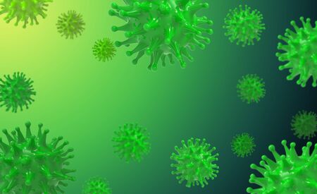 Virus green bacteria cells 3D render background banner image. Flu, influenza, coronavirus model illustration. Covid-19の写真素材