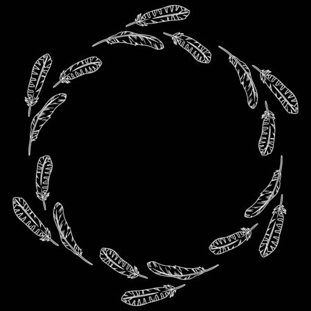 Boho style feather wreath circle composition on a chalkboard. Hand drawn comic style quills. Vector blackboard image. Isolated on black backgroundのイラスト素材