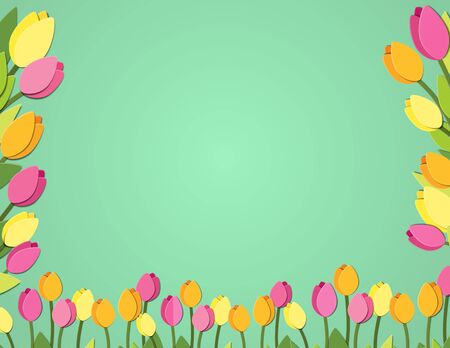 Spring paper cut tulips banner. Flower festival space fort text postcard. Letter format greeting card with floral elements. Vector mock up illustration. Copyspace banner with tulipsのイラスト素材