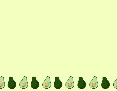 Avocado doodles vector seamles border pattern. Cut in half avocado vegetables on green background. Stock vegan vector texture wallpaper tile. Mockup for text.のイラスト素材