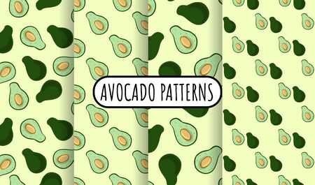 Set of avocado doodles vector seamless patterns. Whole avocado and cut half vegetable on green background. Collection of stock vegan vector wallpaper tilesのイラスト素材
