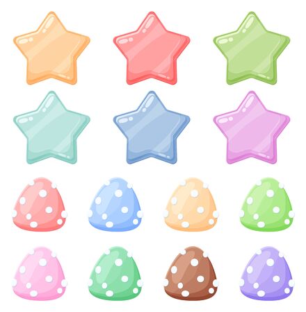 Set of cartoon colorful glossy stars and candies shiny icons. Stock game assets juicy elements. Vector game clip art isolated on whiteのイラスト素材