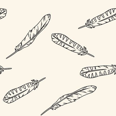 Boho feathers doodle black lineart seamless pattern. Freehand owl or hawk quill background. Vector illustration. Feather isolated on white background. Cozy lagom style texture tileのイラスト素材